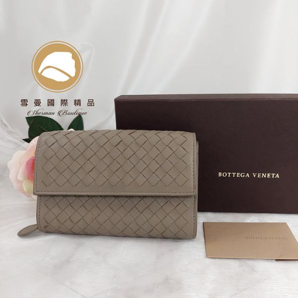 圖片 【雪曼國際精品】 BV BOTTEGA VENETA 大象灰色皮革編織拉鍊中夾~二手商品9成新