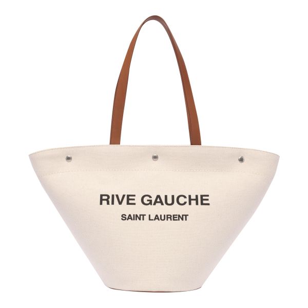 圖片 Saint Laurent 735728 YSL Rive Gauche 帆布和復古皮革托特包 棕色