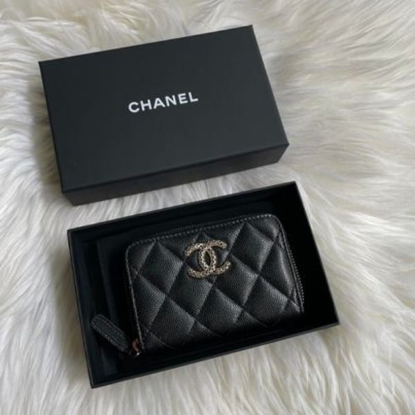 圖片 Chanel 23p 黑金荔枝鏤空大c拉鍊零錢卡包