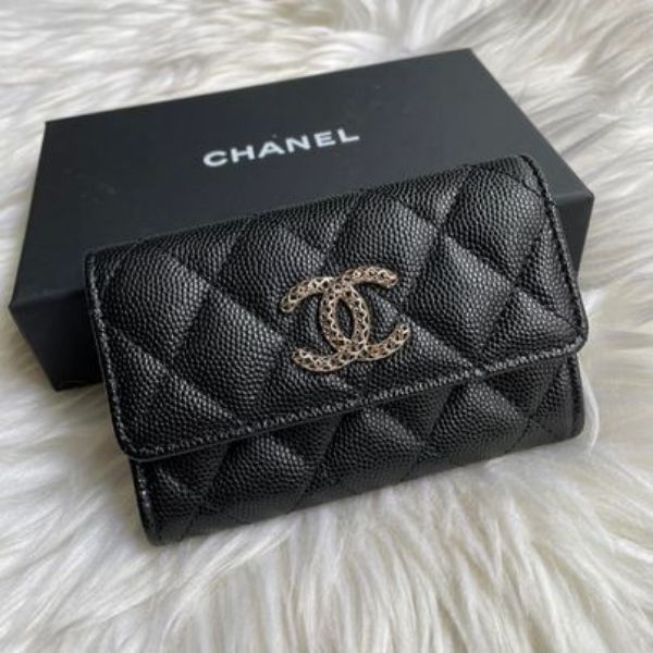 圖片 Chanel 23p 黑金荔枝鏤空大c卡包
