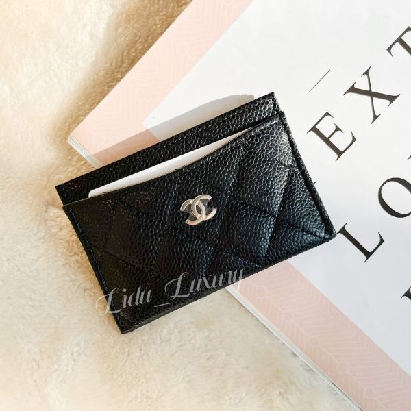 圖片 CHANEL 黑色荔枝雙C 銀扣 扁式卡夾