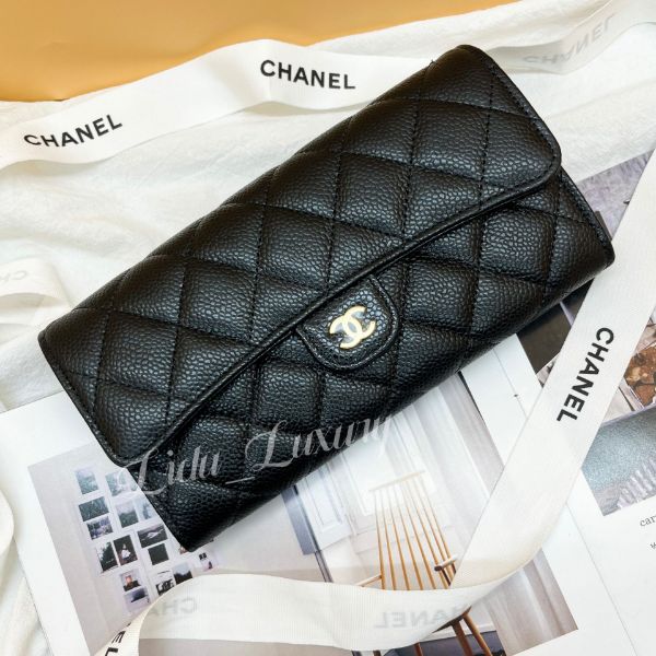 圖片 CHANEL 黑色荔枝金釦釦式長夾  