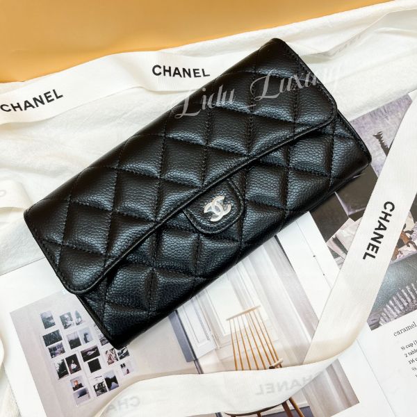 圖片 CHANEL 黑色荔枝銀釦釦式長夾  