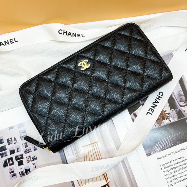 圖片 CHANEL 黑色荔枝金釦拉鍊長夾