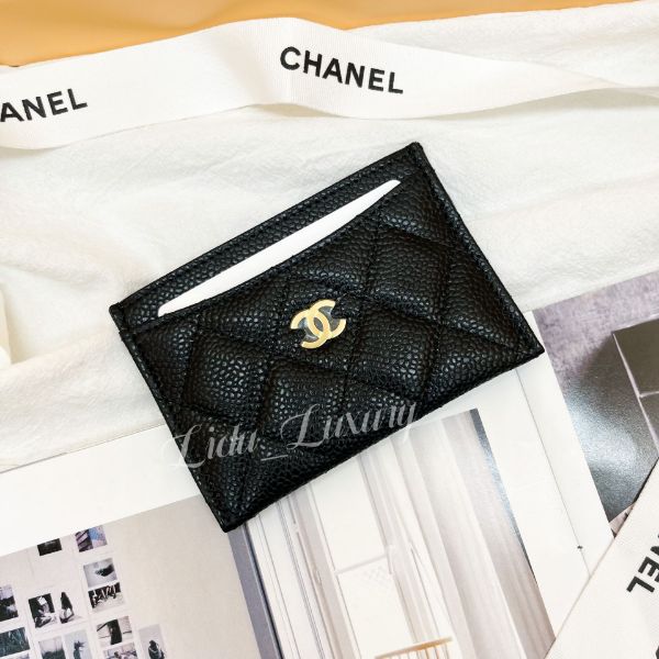 圖片 CHANEL 黑色荔枝雙C 金扣 扁式卡夾