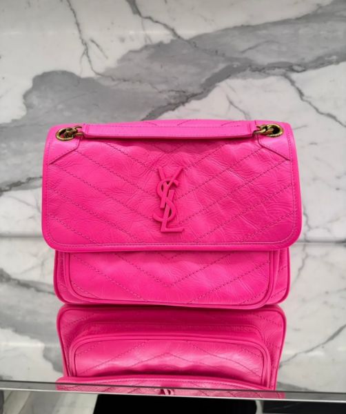 圖片 Saint Laurent YSL 中款復古皺褶小羊皮 Niki 包 霓粉色