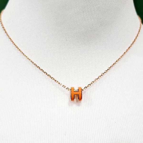 圖片 Hermes 愛馬仕 Mini Pop 經典 H 立體橢圓簍空項鍊 橘/玫瑰金色  H147992F0 02 ORANGE