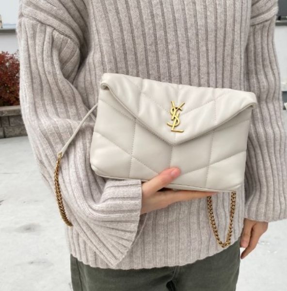 圖片 2023新季品❥ Saint Laurent YSL Puffer Mini 羊皮金鍊斜背包(620333 白色金字)